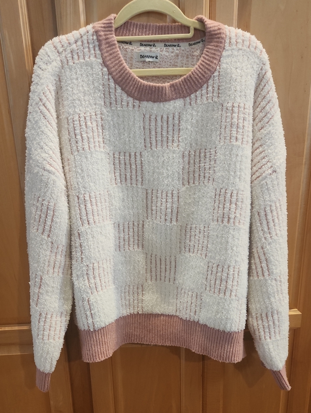 BearPaw Cream and Dusty Rose Checker Plush Crewneck Sweater